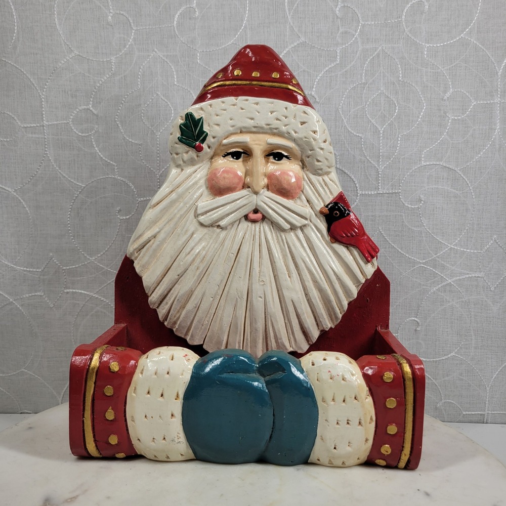 Wood Santa Cardinal Christmas Card Mail Holder Handmade Folk Art Decor Vintage